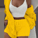 Sexy Fluffy Three Piece Plush Hooded Cardigan Coat+Shorts+Crop Top Women Casual Wear