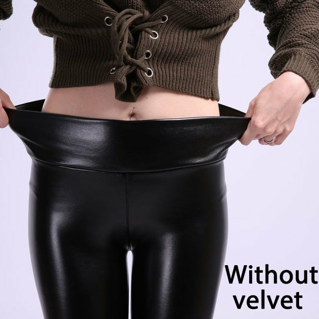 Women Winter Leather Pants High Waist Stretch Velvet Leggings Pants ...