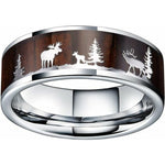 Tungsten Hunting Ring Wedding Band Wood Inlay Deer Stag Silhouette Ring
