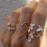Vintage Bohemian Rings Set Heart Butterfly Gold Crystal Geometric Women Finger Rings