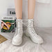 White Black PU Leather Ankle Boots Women Autumn Winter Round Toe Lace Up Shoes