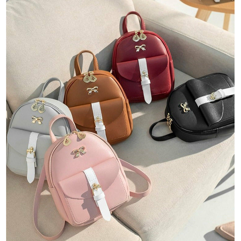 Women's Mini Backpack Luxury PU Leather Cute Small Bow-knot Leaf Bags Red