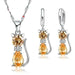925 Sterling Silver  Cubic Zirconia Cat Kitty Necklace Pendant Earrings Jewelry Set