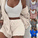 Sexy Fluffy Three Piece Plush Hooded Cardigan Coat+Shorts+Crop Top Women Casual Wear