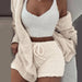 Sexy Fluffy Three Piece Plush Hooded Cardigan Coat+Shorts+Crop Top Women Casual Wear