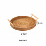 Handwoven Rattan Storage Tray Wooden Handle Round Wicker Basket