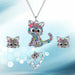 Fashion Crystal Cat Jewelry Set Cute Rainbow Cat Earrings Rings Necklace Girls Jewelry