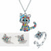 Fashion Crystal Cat Jewelry Set Cute Rainbow Cat Earrings Rings Necklace Girls Jewelry