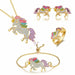 Fashion Crystal Cat Jewelry Set Cute Rainbow Cat Earrings Rings Necklace Girls Jewelry