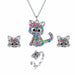 Fashion Crystal Cat Jewelry Set Cute Rainbow Cat Earrings Rings Necklace Girls Jewelry
