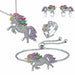 Fashion Crystal Cat Jewelry Set Cute Rainbow Cat Earrings Rings Necklace Girls Jewelry
