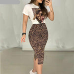 Two Peice Set Women Casual O-Neck T Shirt Skirt Set Fashion Leopard Print Outfits