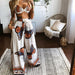2 Pecs Suit Women Outfits Boho Beach Style Print Underwear Loose Wide Leg Pants Sets