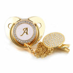 Initial Letter Baby Pacifier & Pacifier Clips BPA Free Silicone Gold Infant Nipple Soother