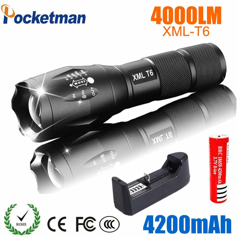 4000 lumen rechargeable flashlight LED Rechargeable Flashlight Pocketman XML T6 linterna torch 4000 lumens 18650 Battery Outdoor Camping Powerful LED Flashlight Type A